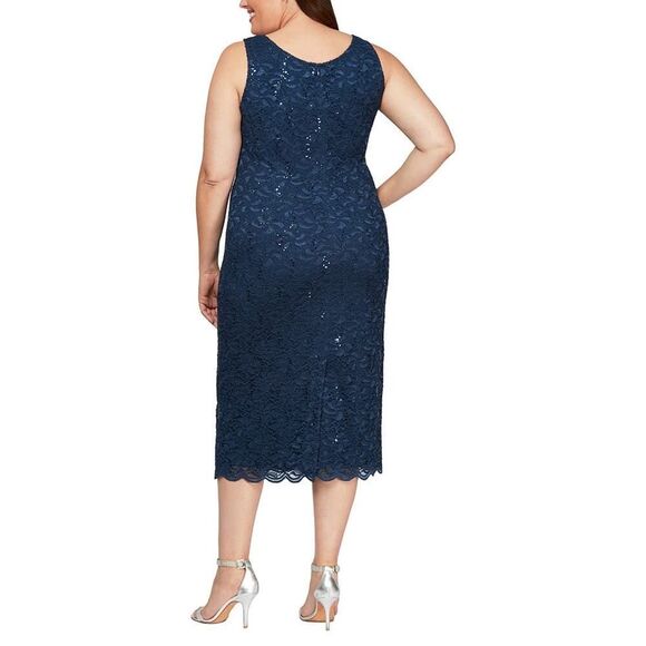 Alex Evenings Lace Cocktail Dress Women's Plus 14W Blue Sleeveless Midi NWT - Picture 2 of 11